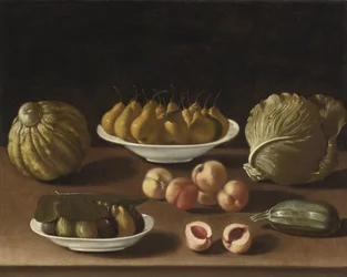 Stillleben mit Birnen, Pfirsichen, Feigen, einer Melone, Kohl und Mark