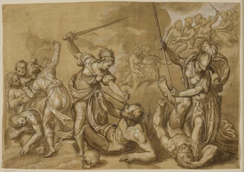 Gerechtigkeit, Merkur und Minerva besiegen die Laster, während eine Gruppe Göttinnen aus den Wolken zuschaut