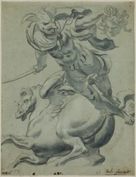 Perseus hält den Kopf der Medusa, mit Pegasus im Hintergrund