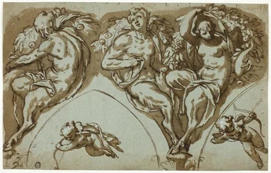 Studie für Spandrillen-Dekoration mit Satyresse, Satyrn und Putti (recto); Kopf eines Putto (verso)