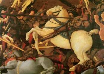Die Schlacht von San Romano (Detail) von Bernardino della Ciarda, der vom Pferd geworfen wird