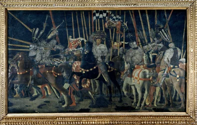 Der Gegenangriff von Micheletto da Cotignola (Die Schlacht von San Romano). Zweite Episode, die den Gegenangriff von Micheletto da Cotignola illustriert. Gemälde von Paolo di Dono genannt Paolo Uccello (1397-1475)