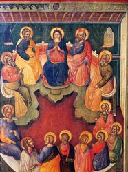 Die Jungfrau umgeben von zwölf Aposteln oder Pfingsten, von Paolo Veneziano (aktiv 1333-1358)