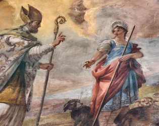 Fresken von Paolo de Matteis aus dem Jahr 1714 auf dem Gewölbe und der Trommel, das Leben des Heiligen darstellend, Kapelle von San Cataldo in der Kathedrale, Taranto, Italien