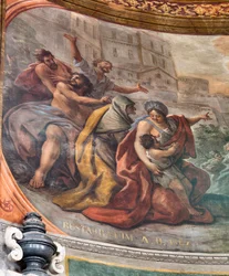 Fresken von Paolo de Matteis aus dem Jahr 1714 an der Decke und am Trommel, die das Leben des Heiligen darstellen, Kapelle von San Cataldo in der Kathedrale, Taranto, Italien