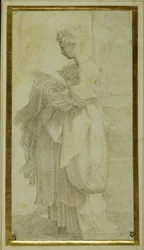 Stehende Figur eines Mädchens mit voluminösen Gewändern