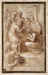 Anbetung der Heiligen Familie in einem Innenraum