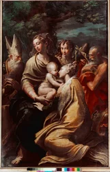 Madonna mit Kind, die heilige Margareta, der heilige Michael, der heilige Hieronymus und der heilige Petronius (Petrone, Petronius). Gemälde von Francesco Mazzola, genannt Il Parmigianino oder Der Parmesan (1503-1540), 1528-1529. Maße: 222 x 147 cm.
