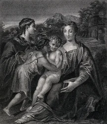Die heilige Maria (die selige Jungfrau) mit dem Christuskind, dem heiligen Johannes dem Täufer und der heiligen Maria Magdalena. Kupferstich nach G. F. M. Mazzola, il Parmigianino.