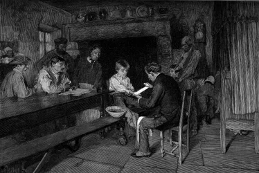 Der Unfall (1879): Ein Arzt heilt die Verletzung eines jungen Bauern. Gravur nach dem Gemälde von Pascal Dagnan-Bouveret (Dagnan Bouveret) (1852-1929). In „Das illustre Universum“ Nr. 1208 vom 22. Mai