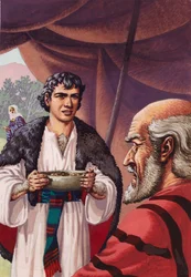 Jakob, verkleidet, bringt seinem Vater Isaak ein Gericht mit heißem Hirschfleisch