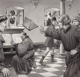 Poggio Bracciolini wirft einem Mitgelehrten, Tortelli, ein Buch zu