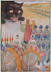 "Geh mir aus dem Weg, Kätzchen, meine Elefanten könnten dich verletzen!" (Farblithografie)