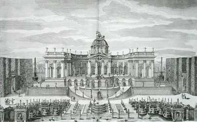 Die Große Grotte und der Fontänengarten am Fürstlichen Lustschloss und Gärten, Berlin, graviert von Johann August Corvinus, veröffentlicht ca. 1711-16 (Gravur)