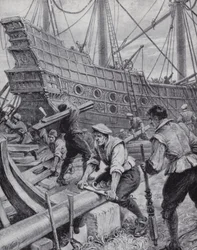 Bau der englischen Galeone Ark Royal, das Flaggschiff im Kampf gegen die spanische Armada 1588