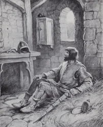 Robert the Bruce mit der Spinne, die ihn inspirierte, erneut zu versuchen, die Engländer zu besiegen (Lithografie)