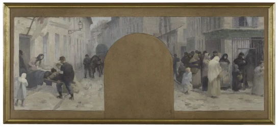 Entwurf für das Hôtel de Ville de Paris, Kabinett des Präfekten: Transport der Verwundeten zur Ambulanz. Warteschlangen vor einem Geschäft während der Belagerung von Paris im Jahr 1870