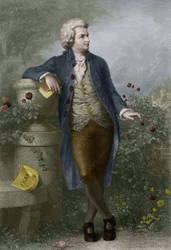 Porträt von Wolfgang Amadeus Mozart (1756-1791) in Salzburg. Gravur von Paul Barfus (1823-1895).