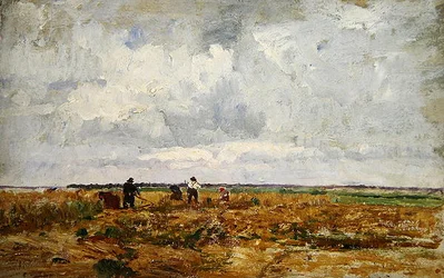 Eine Dachauer Landschaft mit Bauern und Frauen bei der Feldarbeit