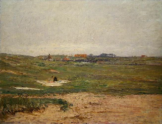 Bauernhof mit Frau, die Wäsche auslegt