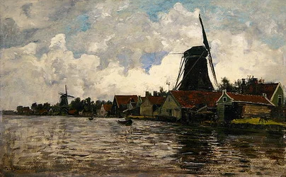 Holland, Flusslandschaft mit zwei Windmühlen