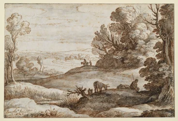 Hügellandschaft mit Bäumen und Ausblick, vorne zwei Männer und ein Esel
