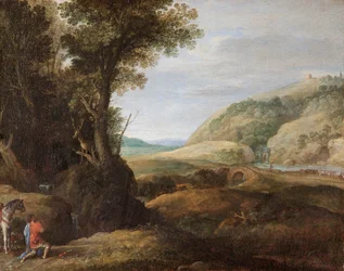 Landschaft mit St. Hubert und dem Hirsch, spätes 16. oder frühes 17. Jahrhundert
