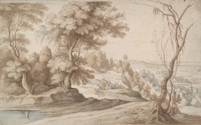 Landschaft mit Bäumen und Blick in ein Tal