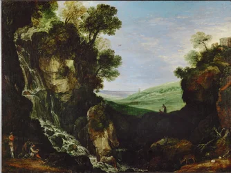 Landschaft mit Wasserfall und Vesta-Tempel in Tivoli