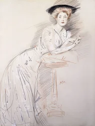 Porträt von Miss Taylor, die sich auf einen Tisch lehnt