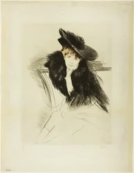 Frau sitzt nach vorne gebeugt, Kinn in der linken Hand