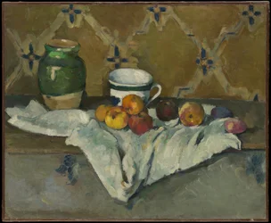 Stillleben mit Krug, Tasse und Äpfeln