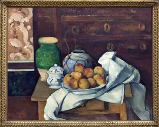 Stillleben auf der Anrichte. Gemälde von Paul Cézanne (1839-1906), Öl auf Leinwand um 1885. Französische Kunst.