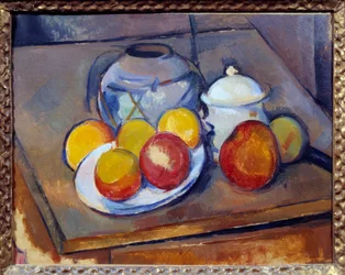 Vase, Zuckerdose und Äpfel (Gemälde von Paul Cezanne)