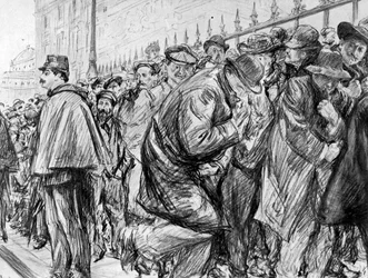 Warteschlange vor dem Justizpalast während des Prozesses gegen Marguerite Steinheil, Paris, Frankreich, 1909