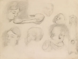 Studien eines Kinderkopfes, eines Frauenkopfes, eines Löffels und einer Standuhr, ca. 1872