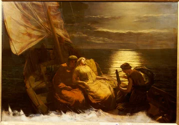 Die Flucht von Glaucus und Ione mit dem blinden Mädchen Nydia aus Pompeji, 1860
