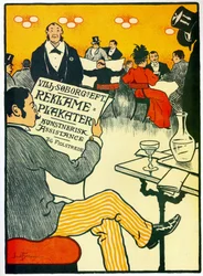 Werbeplakat für eine Druckerei, das eine Barszene darstellt