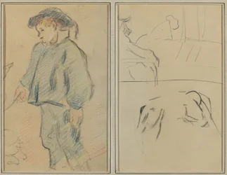 Bretonischer Junge, der Gänse hütet; Kühe und eine Figur, die sich auf ein Geländer lehnt [verso]