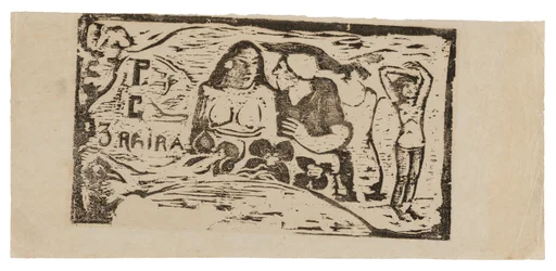 Büste einer nackten Frau und Dreiviertelfigur eines Mannes mit weißer Mütze im Profil, dritte kleine Figur ganz rechts, Kopfstück für Le sourire