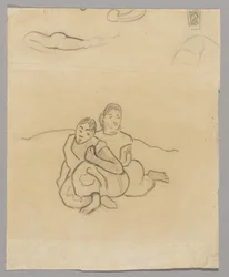 Fragmente von Körpern, ein dekoratives Design und zwei kauernde tahitianische Frauen in einer Landschaft, verwandt mit Nafea Faaipoipo