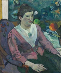 Frau vor einem Stillleben von Cézanne