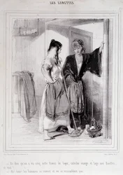 Zwei arme Frauen im Gespräch auf der Treppe über Männer, „Les Lorettes“, Gavarni, ca. 1840