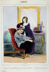 Eine Mutter legt ihrem Sohn Lockenwickler an. Karikatur von Paul Gavarni (1804-1866)