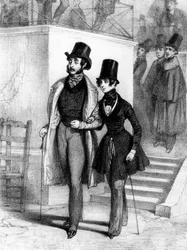 George Sand (r) verkleidet als Student, und ihr Liebhaber Jules Sandeau in Paris, ca. 1831, Gravur von Paul Gavarni (1804-1866)