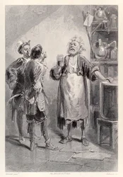 Gulliver betritt einen Raum in der großen Akademie von Lagado, der von einem widerlichen Geruch erfüllt ist, aus der französischen Ausgabe von Gullivers Reisen von Jonathan Swift