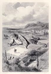 Gulliver hat eine Audienz beim Kaiser von Lilliput, aus der französischen Ausgabe von Gullivers Reisen von Jonathan Swift