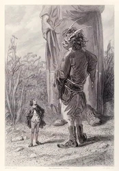 Gulliver trifft den 30 Fuß großen Zwerg der Königin, der sich freut, jemanden im Hof zu haben, der kleiner ist als er, um ihn zu quälen, aus der französischen Ausgabe von Gullivers Reisen von Jonathan Swift