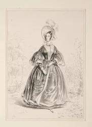 Pelisse aus Ripsgewebe, mit Satin gefüttert und mit Krepp eingefasst. Plüschhut.