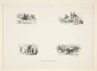 Vier Themen: Eine Kavalkade; Vier Kinder; Eine Bäuerin mit einem kleinen Kind; Reisende